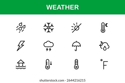 Weather Icon Set – Creative Vector Illustrations for Forecast, Climate, Rain, Sun, and Temperature in Minimal Line Style for All Devices