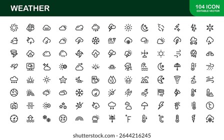 Weather Icon Set – Creative Vector Illustrations for Forecast, Climate, Rain, Sun, and Temperature in Minimal Line Style for All Devices