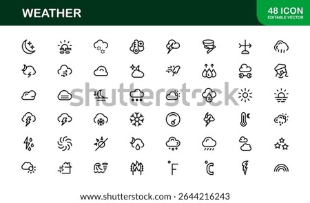 Weather Icon Set – Creative Vector Illustrations for Forecast, Climate, Rain, Sun, and Temperature in Minimal Line Style for All Devices