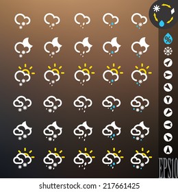 Weather icon set. Different combinations of snow, hail and rain (day, night and universal). Vector illustration for web, mobile devices (applications, widgets). Intended for dark background. eps 10