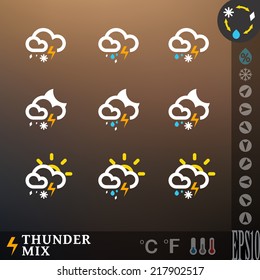 Weather icon set. Different thunder and weather combinations (snow/hail/rain, day/ night/universal). Vector illustration for web, mobile devices (applications, widgets). For dark background. eps 10