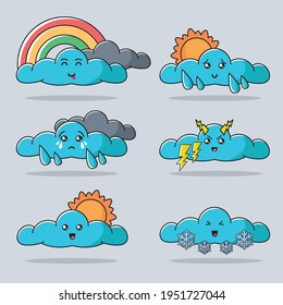 Weather icon set | Doodle kawaii character. Clouds with variations in weather