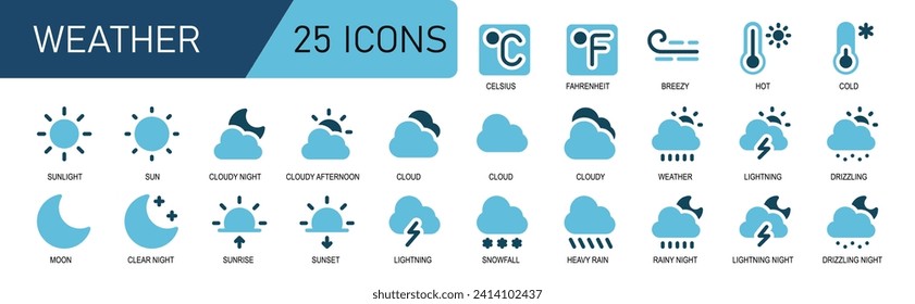 weather icon set .duo tone style.contains weather,rain,storm,thermometer,temperature,clouds,sun,moon.good for web weather forecasts.white background editable stroke