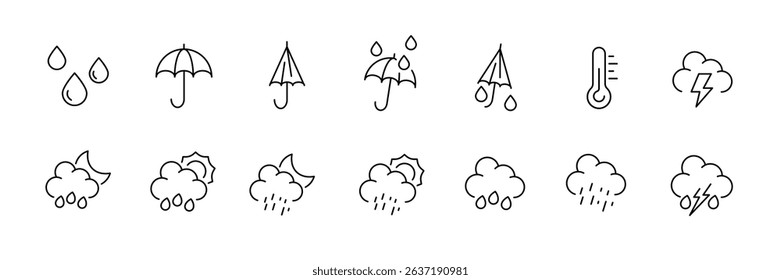 Weather icon set featuring clouds, rain, umbrellas, and thermometer