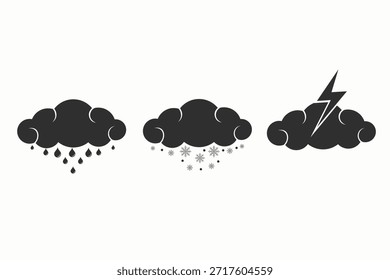 Conjunto de íconos de Clima con nubes de lluvia y símbolos de tormenta para pronósticos y diseños relacionados con el clima.