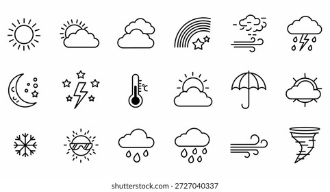 Conjunto de iconos de Clima con símbolos de sol, nubes, lluvia, rayos, nieve, termómetro, arco iris, viento y tornado