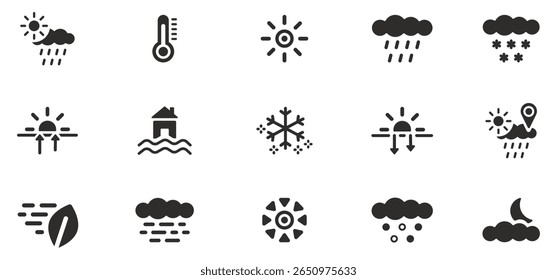weather icon set, flat icon, contains sun, temperature, clouds, rain, winter, summer, spring
