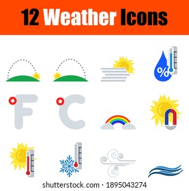 Juego de iconos meteorológicos. Diseño plano. Ilustración vectorial totalmente editable. Texto expandido.
