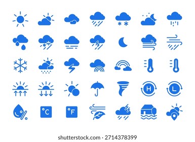 Wettersymbol für Wettervorhersage und Klima: Sonne, Wolke, Regen, Schnee, Sturm, Wind, Nebel, Tornado, Thermometer und Feuchtigkeit. Bearbeitbares Strichlinien-Vektorpiktogramm für Web-App, lineare Kontur.