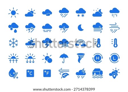Weather Icon Set for Forecast and Climate: Sun, Cloud, Rain, Snow, Storm, Wind, Fog, Tornado, Thermometer and Humidity. Editable stroke line vector pictogram for web app, linear outline.