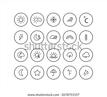 Weather icon set. Weather forecast icon. Cloud logo. Weather, cloud, sunny day, moon, snowflake, wind, sunny day. Vector illustration
