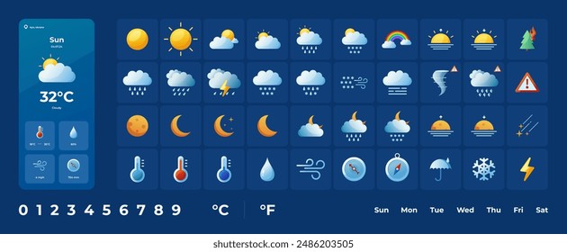 Conjunto de iconos de Clima. Símbolos planos de Clima de previsión