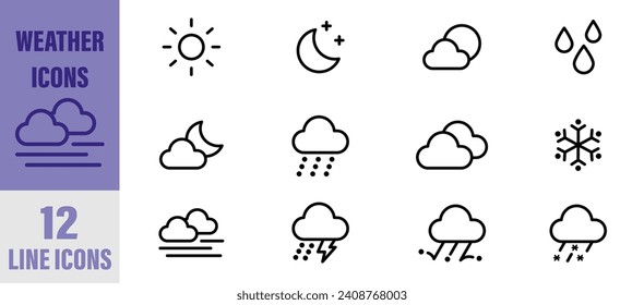 Weather icon set. Weather forecast. Weather icons set in line style. Weather isolated on white background. Clouds logo and sign. Climate symbol. Solid icon collection. Vector Illustration. EPS 10