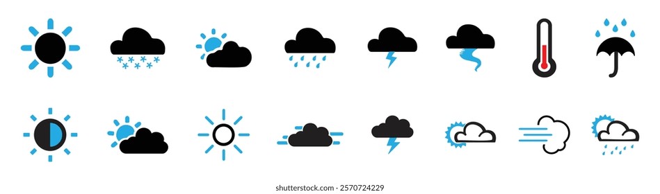 weather icon set. weather forecast symbols. weather icon contains cloud, sun,  rain, umbrella, wind and more for app, ui and website. meteorology icons. vector illustration on transparent background.