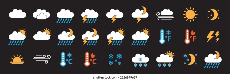 Conjunto de iconos del tiempo. Iconos vectoriales de previsión meteorológica para web y aplicación. Contener el símbolo de lluvia, nubes, nieve, soleado, tormenta, rayo, temperatura caliente y fría. Ilustración de material de vectores.