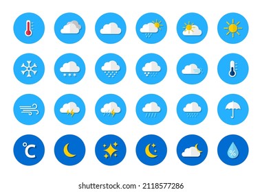 Weather icon set. Weather icons for web. Forecast weather flat symbols. Pictogram vector icons.