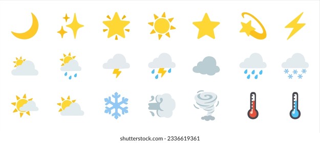 Weather icon set. Weather icons for web. Forecast weather flat symbols. Pictogram vector icons. Vector 10 eps.