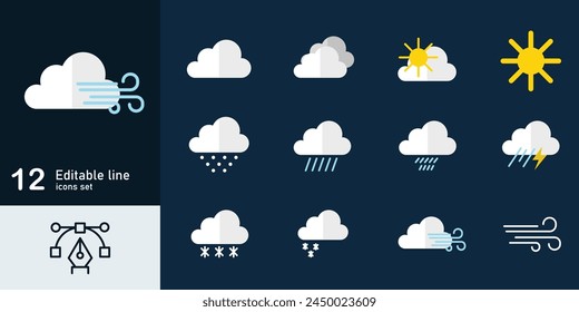 Weather icon set. Weather icons for web. Forecast weather flat symbols. Pictogram vector icons.