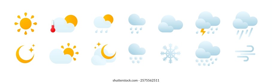 Weather icon set. Weather icons for web. Forecast weather flat symbols. Pictogram vector icons. Vector 10 eps.