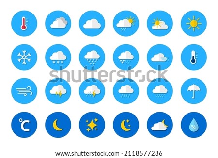 Weather icon set. Weather icons for web. Forecast weather flat symbols. Pictogram vector icons.