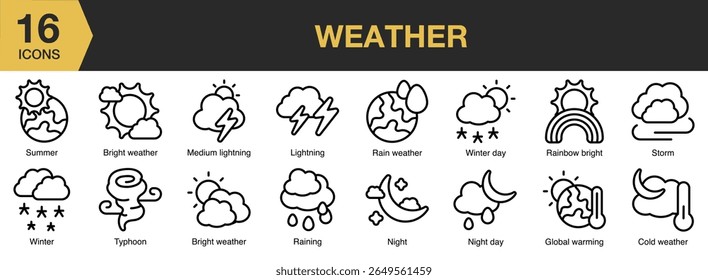 Weather icon set. Includes weather, climate, rain, sunny, nature, and More. Outline icons vector collection.