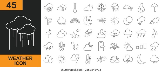 Wettersymbol. Icon-Set enthält Sonnenschein Enthaltene Temperatur, Sonne, Regen, Schnee, Wolke, Luftfeuchtigkeit, Sommer, Winter, Frühling, bewölkt etc. Vektorgrafik . EPS 10