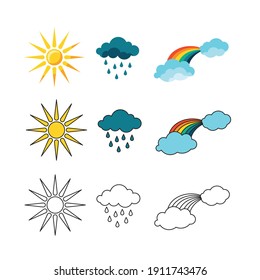 Weather Icon Set Isolated On White Background. Vector Illustration Of Sun, Rain And Rainbow In Simple Flat Style. Color And Outline Icons