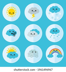 Weather Icon set for kids. Child style. Sun, clouds and rainbow with happy faces. Sunny, windy, rainy, snowy, cloudy, partly sunny, foggy, rainbow