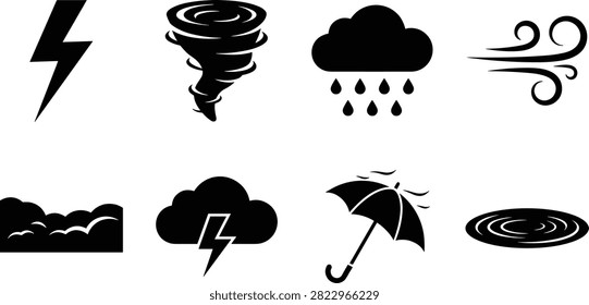 Weather Icon Set - Lightning Bolt, Tornado, Rain Cloud, Wind, Storm Cloud, Umbrella and Water Ripple Vector Icons