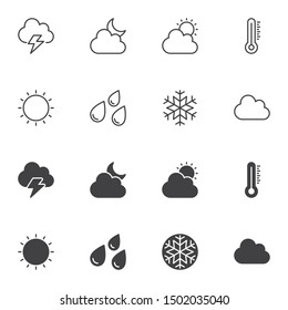 Weather icon set, line and glyph version, outline and filled vector sign. linear and full pictogram. Symbol, logo illustration. Set includes icons as storm, cloud, meteorology thermometer, rain, sun