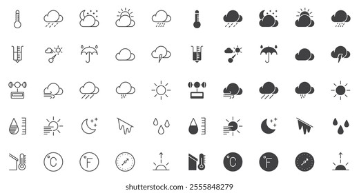 Weather icon set, line and glyph version, outline and filled vector sign. Forecast weather linear and full pictogram. Symbol, logo illustration. Different style set include icons as cloud, rain, sun