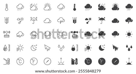 Weather icon set, line and glyph version, outline and filled vector sign. Forecast weather linear and full pictogram. Symbol, logo illustration. Different style set include icons as cloud, rain, sun