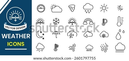 Weather icon set. Weather line icon, vector. Weather forecast icon set for web. Climate symbol. Weather, rain, sunny, cloudy, wind, snowflakes, thunderstorm, daylight, night, temperature, sun, moon.