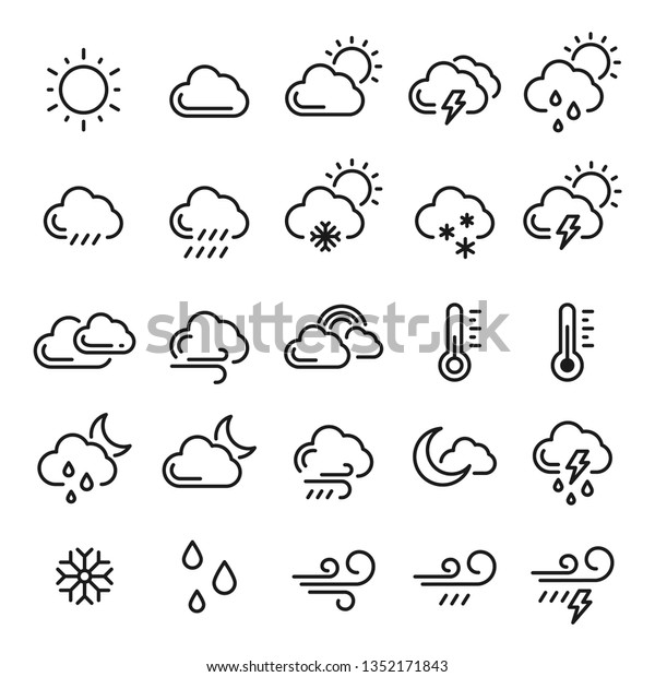 天気アイコンセット 気象学 気候シンボル 予測画像 白い背景にベクターラインアートの天気イラスト のベクター画像素材 ロイヤリティフリー