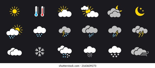 Weather icon set. Meteorology icons in flat style. Weather icon such as sun, clouds, moon, storm, rain, lightning and wind. Vector illustration.