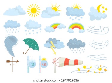 Weather icon set, meteorology rain snow sun icon vector illustration. Storm cloud symbol, climate, wind and cold snowflake. Nature temperature sign