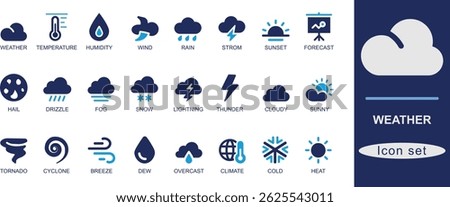 Weather icon set. Minimal flat weather icons featuring sun, cloud, rain, storm, and temperature elements. Perfect for apps, forecasts, and UI. Clean and scalable style.

