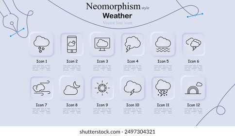 Weather icon set in neomorphism style. Snow, mobile weather app, desktop weather app, storm, lightning, rain, windy, moon, sun, cloudy, thunderstorm, rainbow, vector line art, forecast