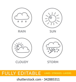 Weather icon set.  Rain Sun Cloudy and Storm. Hand drawn doodle editable stroke icons for web graphics.