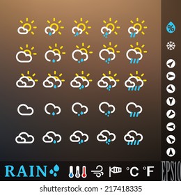 Weather icon set for rainy day. Different intensities (from drizzle to heavy). Vector illustration for web, mobile devices (applications, widgets). Intended for dark background. eps 10