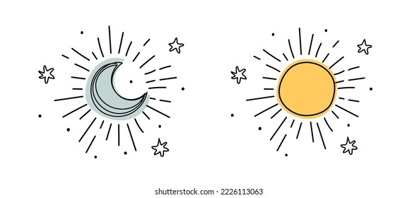 Weather icon set, shining crescent moon and sun with rays line drawing, simple boho tattoo with stars. Vector illustration isolated on white background.