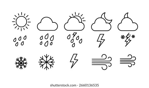 Conjunto de iconos de Clima en un estilo de arte lineal simple y limpio. Una colección minimalista de pronósticos como sol, nube, nieve y viento.