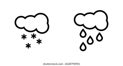 Weather Icon Set – Snowfall and Rain Cloud Outline Symbols