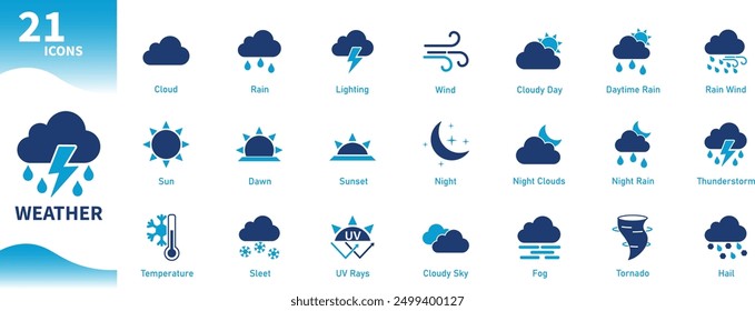 Weather Icon. Set of solid icons with meteorology, cloud, rain, wind, thunderstorm, lightning, wind, tornado, snow themes