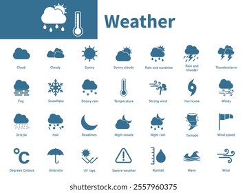 Weather icon. Set of solid vector icons of storms, tornadoes, rain clouds, wind, cold, natural conditions.