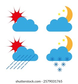 Weather icon set. Sun cloud rain. Night stars snow. Vector illustration.