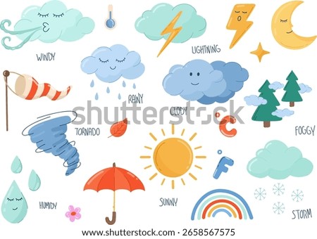 Weather icon set. Sun, clouds, rain, wind, lightning, umbrella. For preschool materials, forecast guides, classroom decor and weather themed worksheets