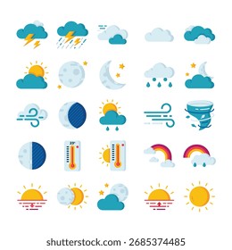 Weather Icon Set With Sun Moon Clouds Rain Wind Temperature and Rainbow for Creative Projects
