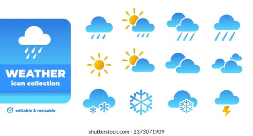 Weather icon set. Sun, rain, snow, cloud, cloudy and rainy season. Climate symbol. Solid icon collection.