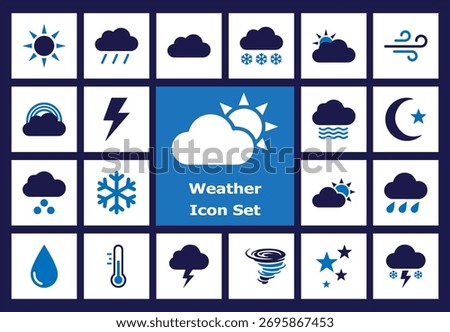 Weather Icon Set: Sun, rain, snow, cloud, wind, lightning, storm, and temperature. Flat color symbols for forecast, climate, and meteorology. UI or App vectors.